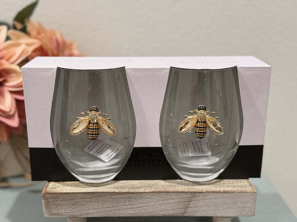 Rachel Zoe Stemless Wine Glass Set of 2 18.26 oz Queen Bee Clear Gold Black